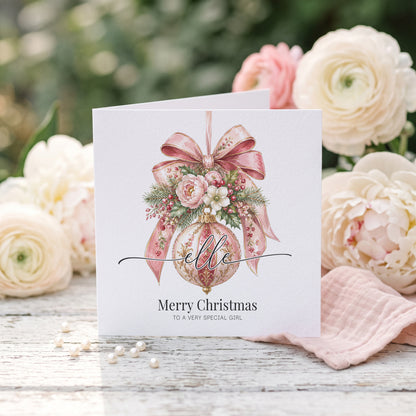 Personalized Christmas Card | Pink Floral Ornament Custom Name Design