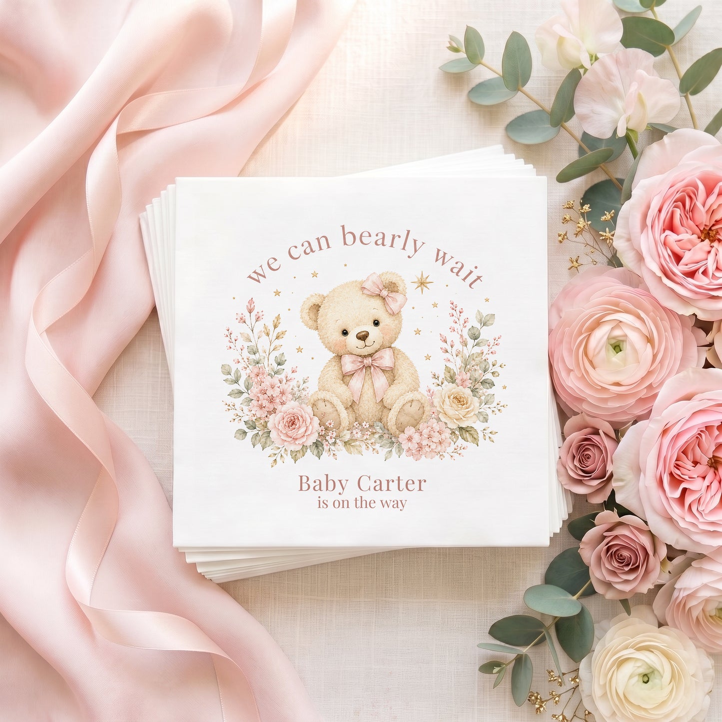 Personalized pink teddy bear baby shower napkins with We Can Bearly Wait wording and custom baby name