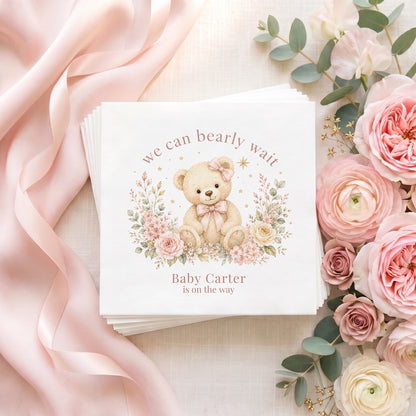Personalized pink teddy bear baby shower napkins with We Can Bearly Wait wording and custom baby name