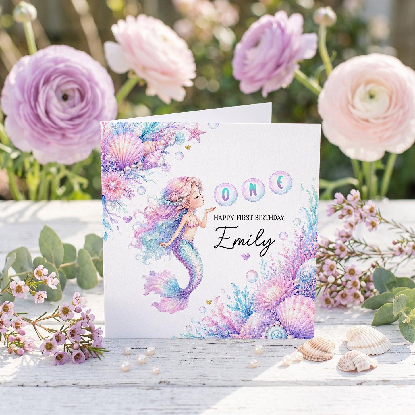 Mermaid First Birthday Card for Girl | Personalized 1st Birthday Name Gift