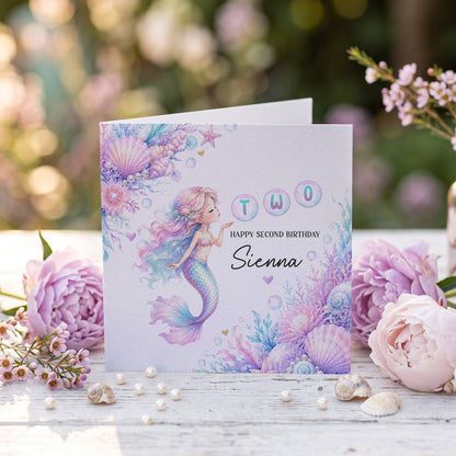 Mermaid 2nd Birthday Card for Girl | Personalized Second Birthday Gift