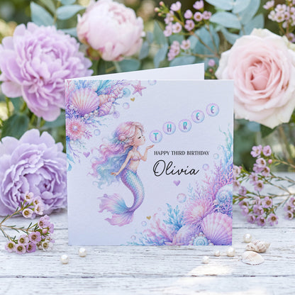 Mermaid 3rd Birthday Card for Girl | Personalized Third Birthday Gift