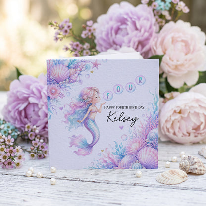Mermaid 4th Birthday Card for Girl | Personalized Fourth Birthday Gift