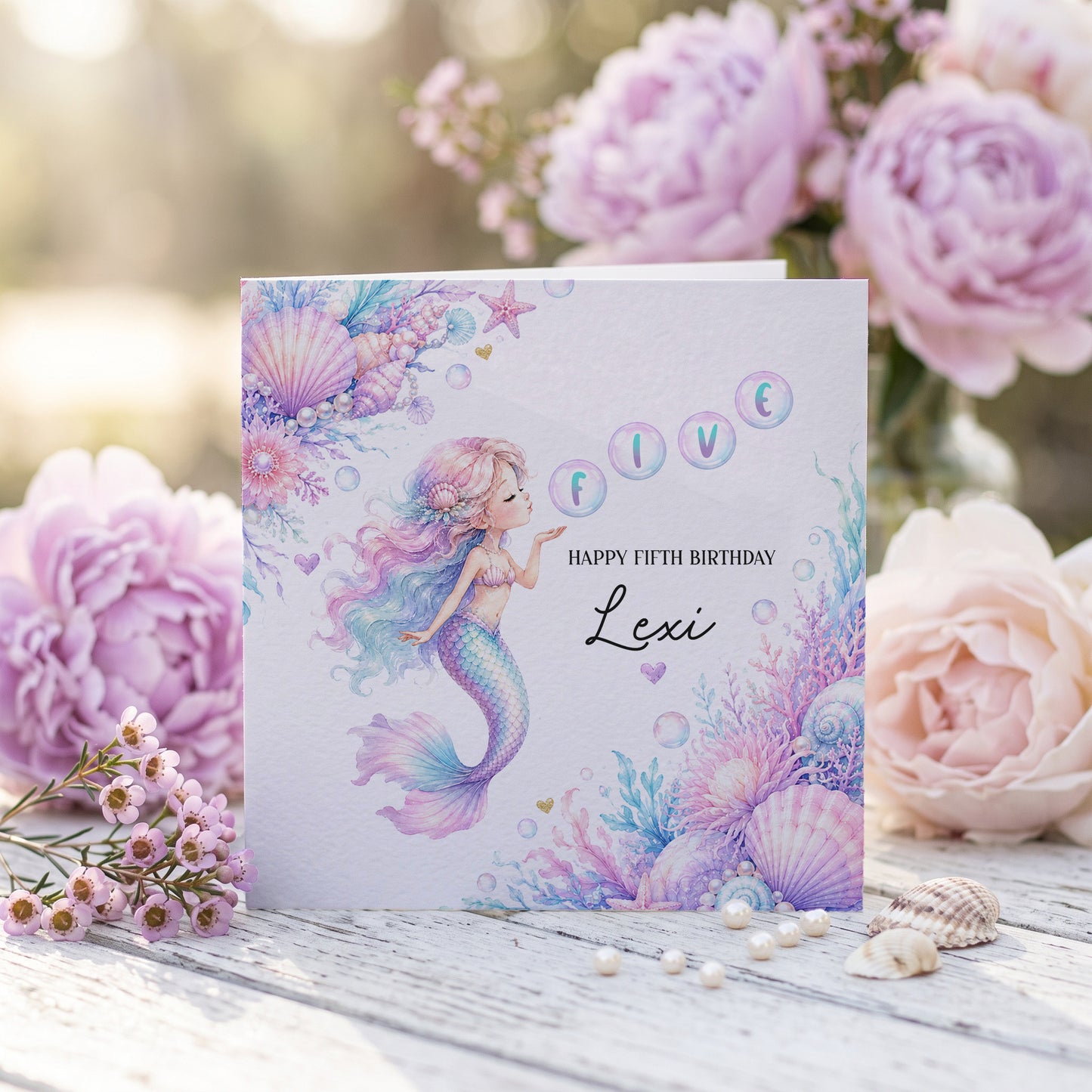 Mermaid 5th Birthday Card for Girl | Personalized Fifth Birthday Gift