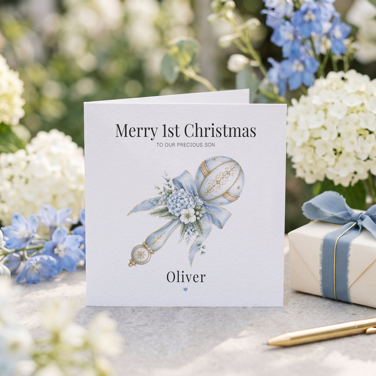 First Christmas Baby Boy Card | Personalized Son Blue Keepsake