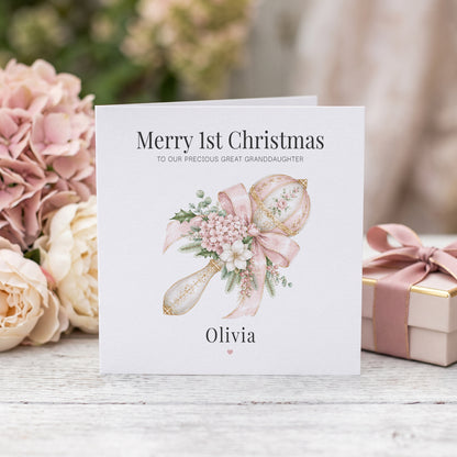 Great Granddaughter 1st Christmas Card | Personalized Pink Keepsake