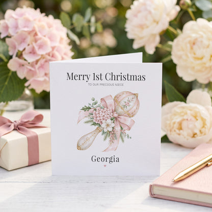 Niece 1st Christmas Card | Personalized Baby Girl Pink Keepsake