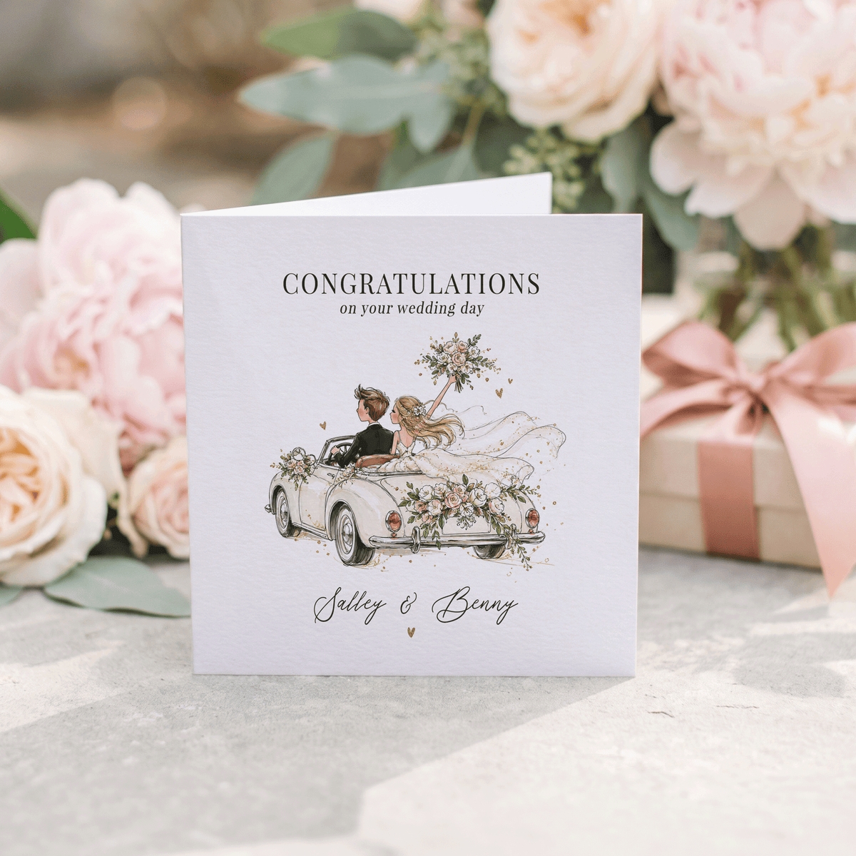 Vintage Car Wedding Card with Names, Floral Convertible