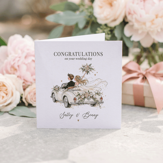 Vintage Car Wedding Card with Names, Floral Convertible