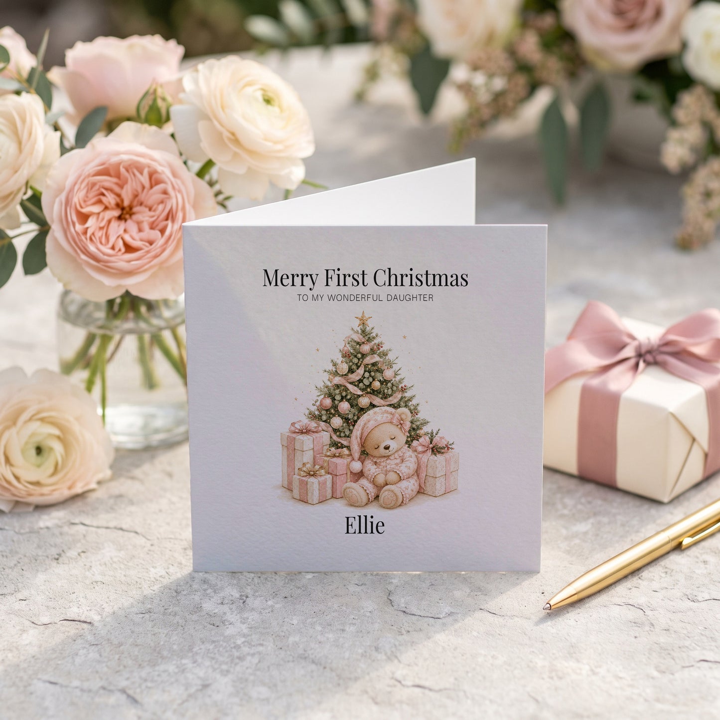 Teddy Bear First Christmas Card | Personalized Baby Daughter