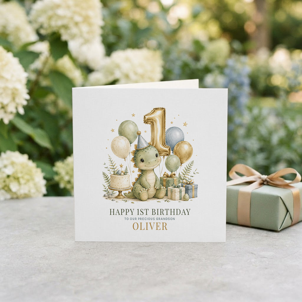 Baby's 1st Birthday Grandson Card | Dino Keepsake