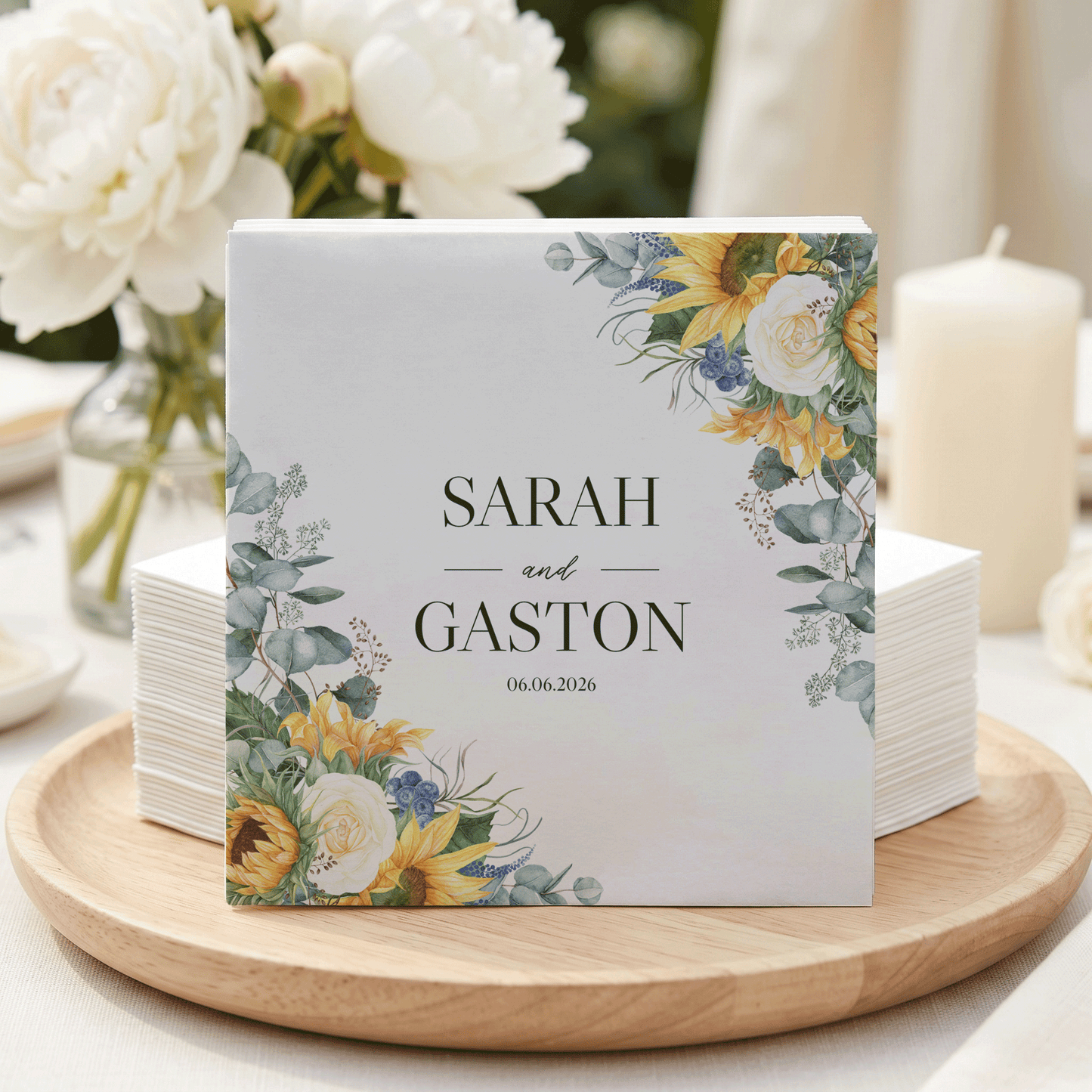 Wedding napkins for Sarah and Gaston, dated 06.06.2026, with floral and eucalyptus design.
