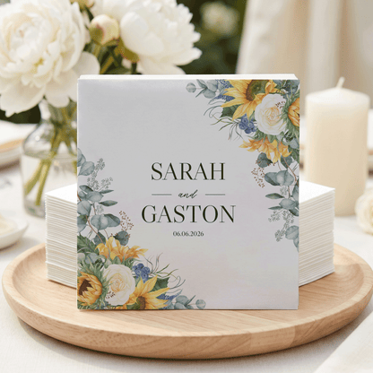 Wedding napkins for Sarah and Gaston, dated 06.06.2026, with floral and eucalyptus design.