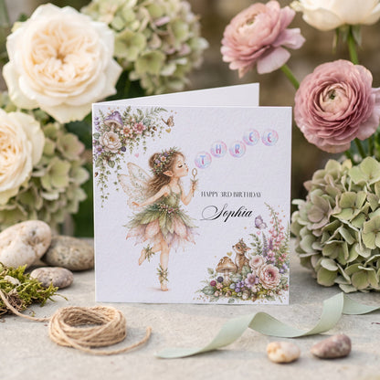 3rd Birthday Woodland Fairy Card, Personalized Girl - Pretty Gifted