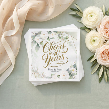 40th Wedding Anniversary Napkins, Personalized Floral - Pretty Gifted