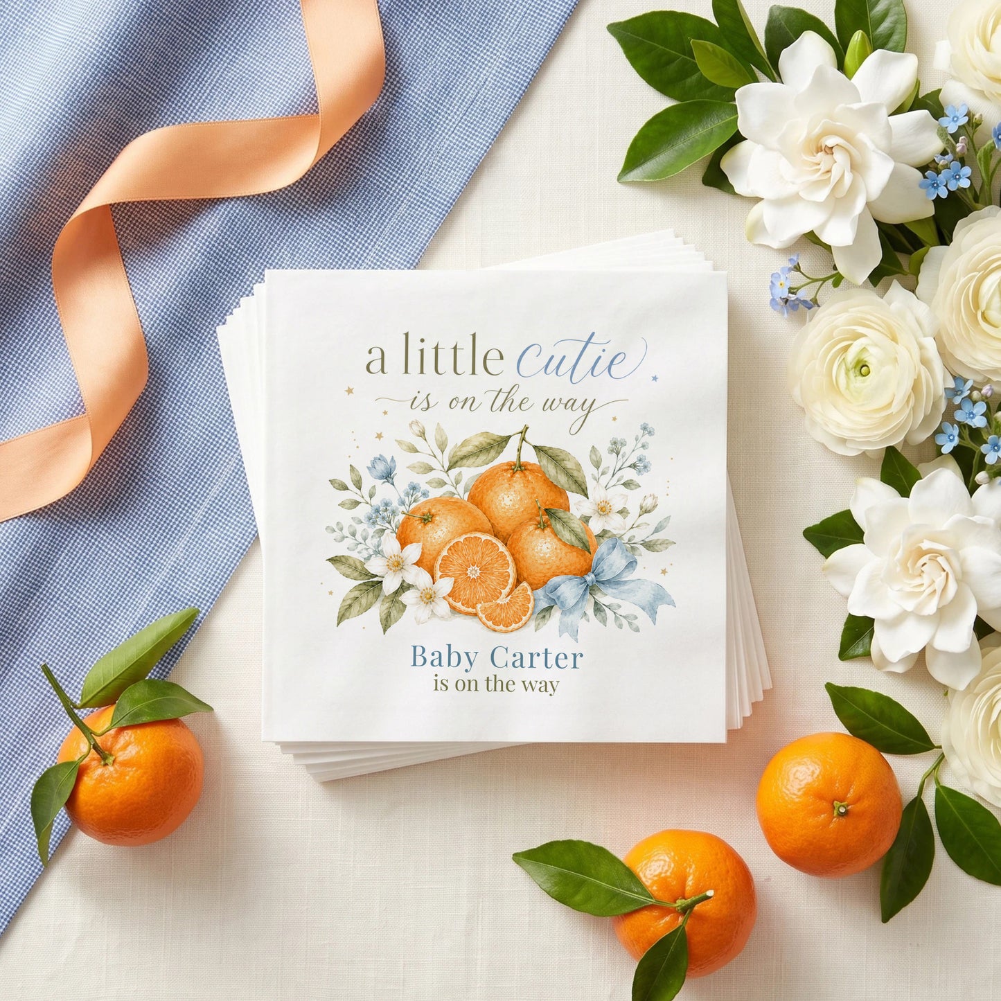 Blue citrus baby shower napkin with clementines, orange blossom, forget me nots and personalized wording
