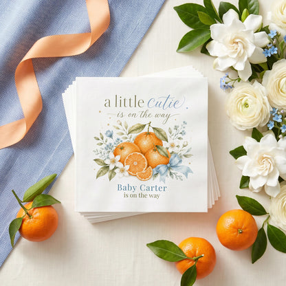 Blue citrus baby shower napkin with clementines, orange blossom, forget me nots and personalized wording