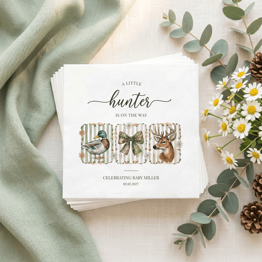 "A little hunter is on the way" baby shower invitation with duck, bow, and deer.