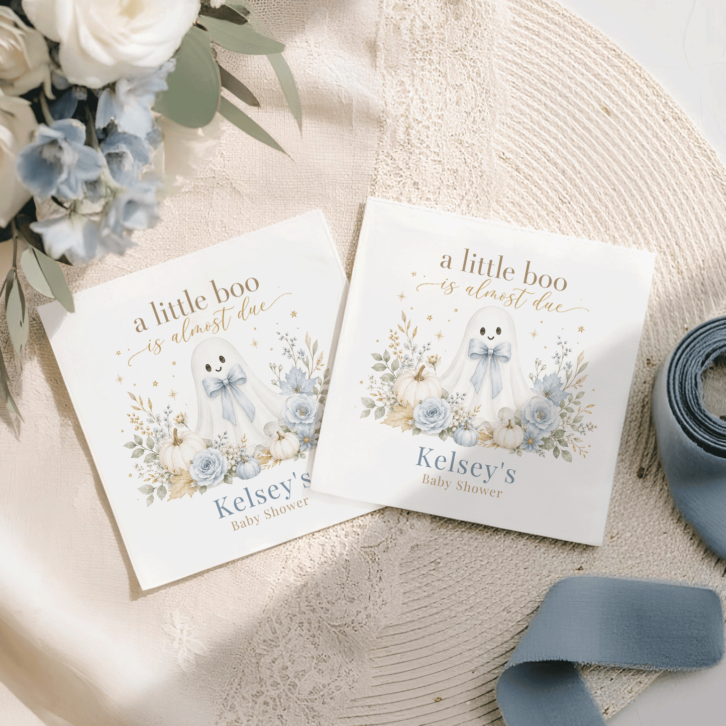 Two baby shower cards with ghosts, pumpkins, and "a little boo is almost due."