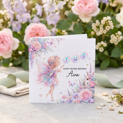 Fairy Garden 2nd Birthday Card, Personalized for Girls