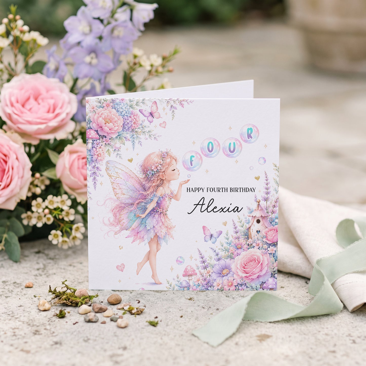 Butterfly Fairy 4th Birthday Card, Personalized Girls