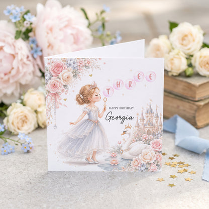 3rd Birthday Swan Princess Card, Personalized Girl