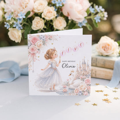 5th Birthday Swan Princess Card, Personalized Girl