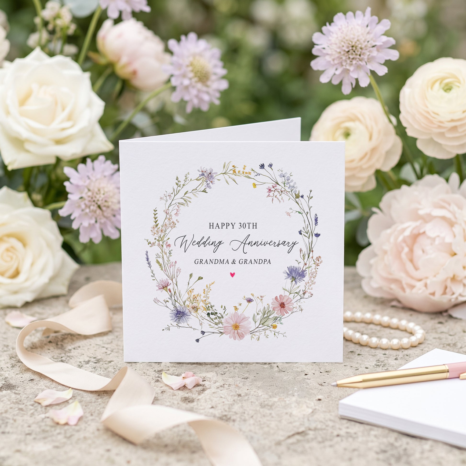 Personalized 30th wedding anniversary card with wildflower wreath and custom couple names