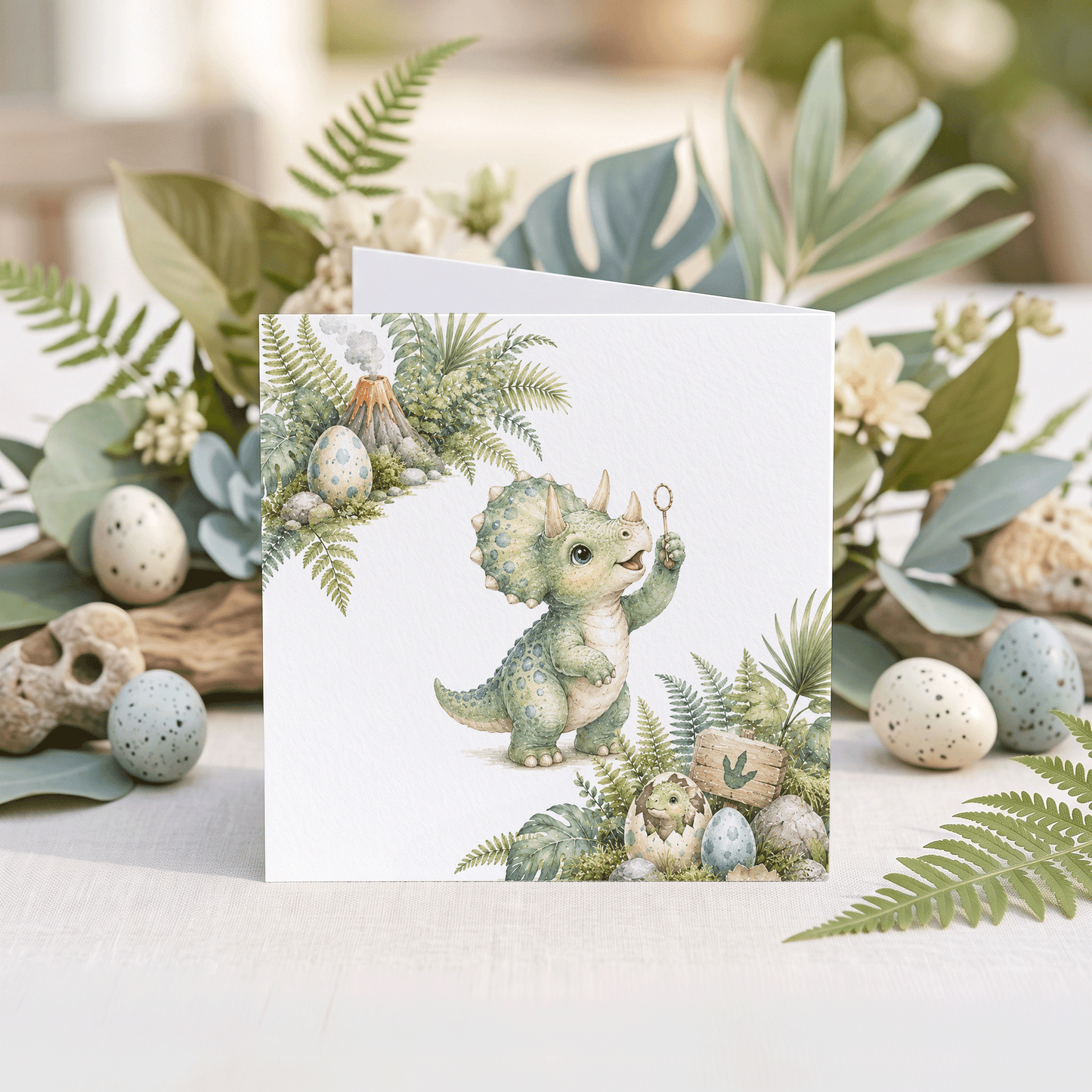 Personalized Dinosaur 3rd Birthday Card – Triceratops Turning Three Design