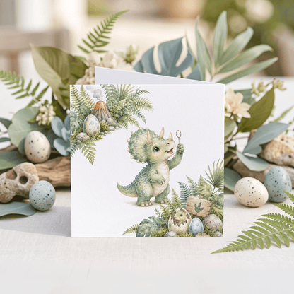 Personalized Dinosaur 3rd Birthday Card – Triceratops Turning Three Design