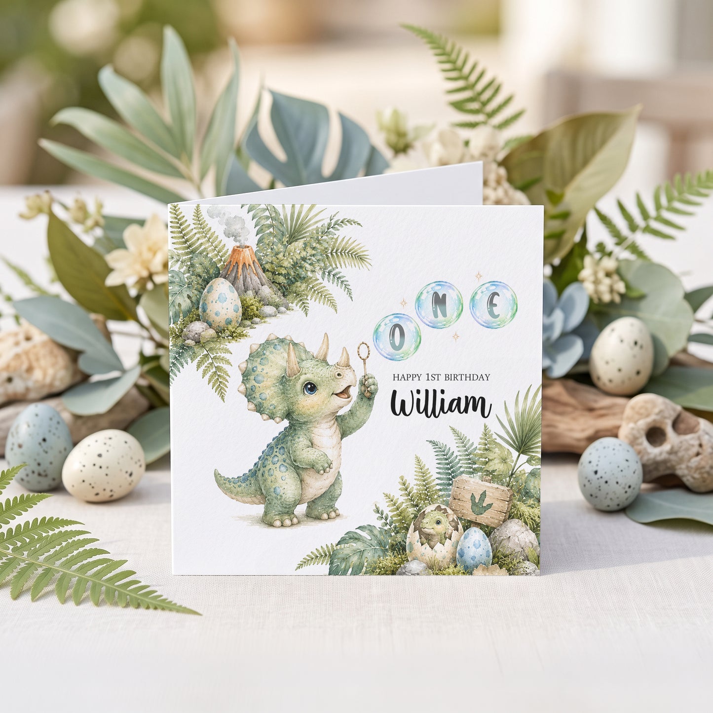Personalized triceratops second birthday card with TWO bubble lettering and custom child’s name