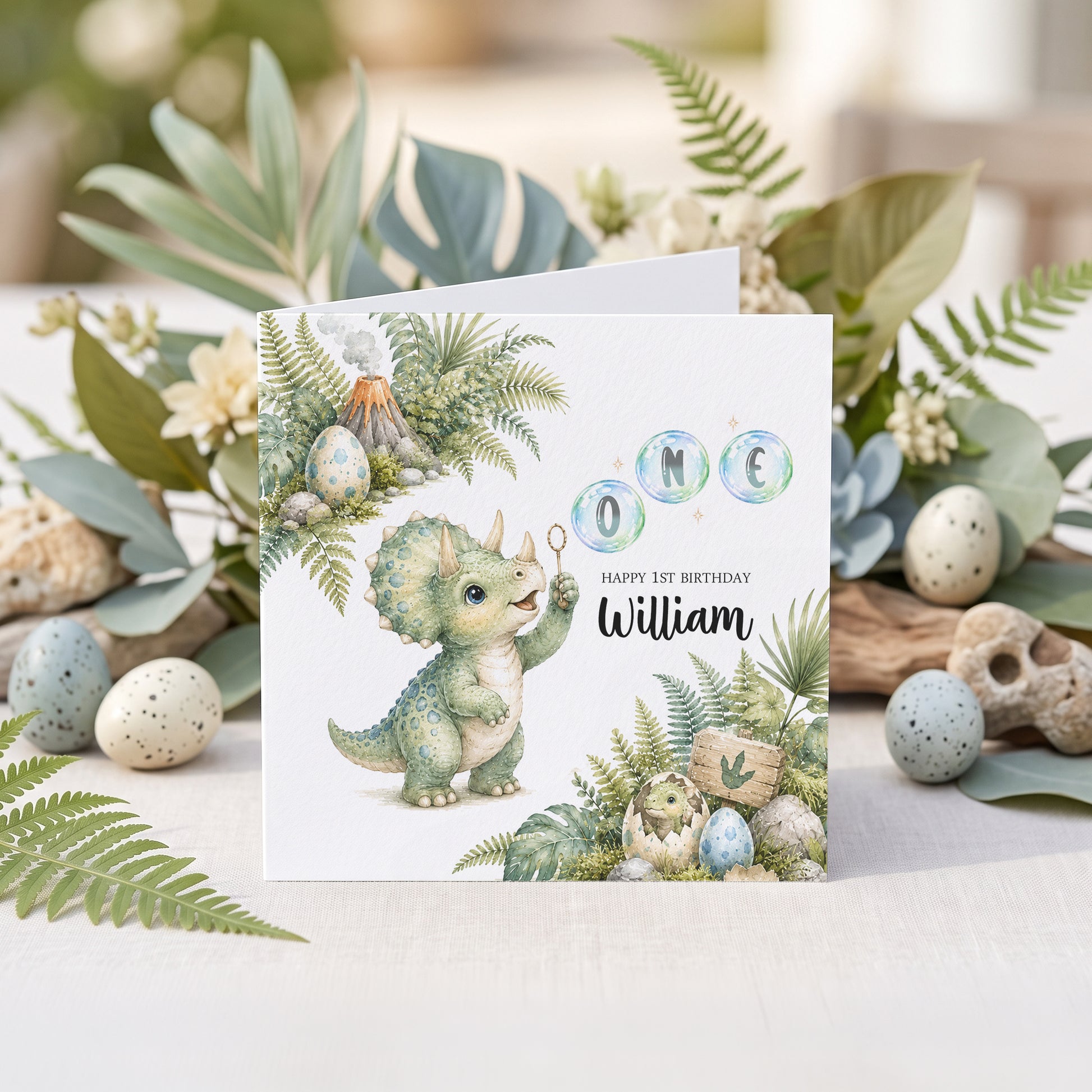 Personalized triceratops second birthday card with TWO bubble lettering and custom child’s name