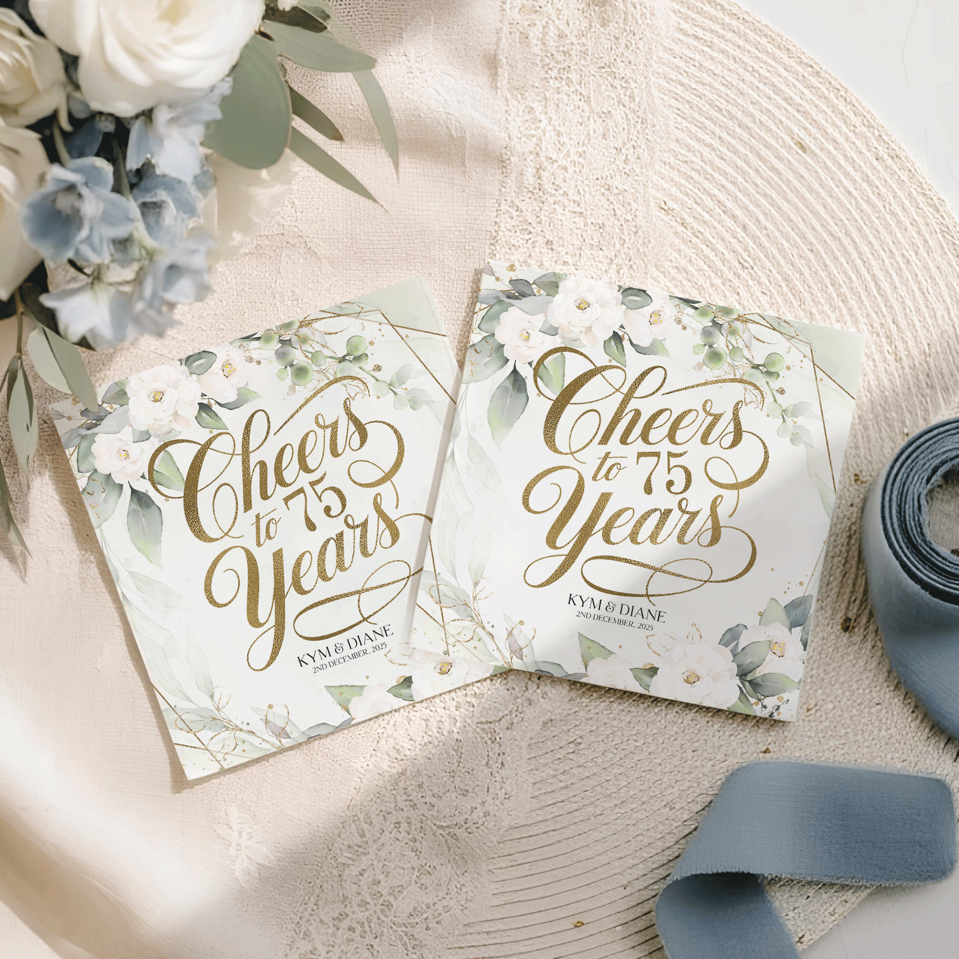 Two invitations reading "Cheers to 75 Years" with floral designs and names.