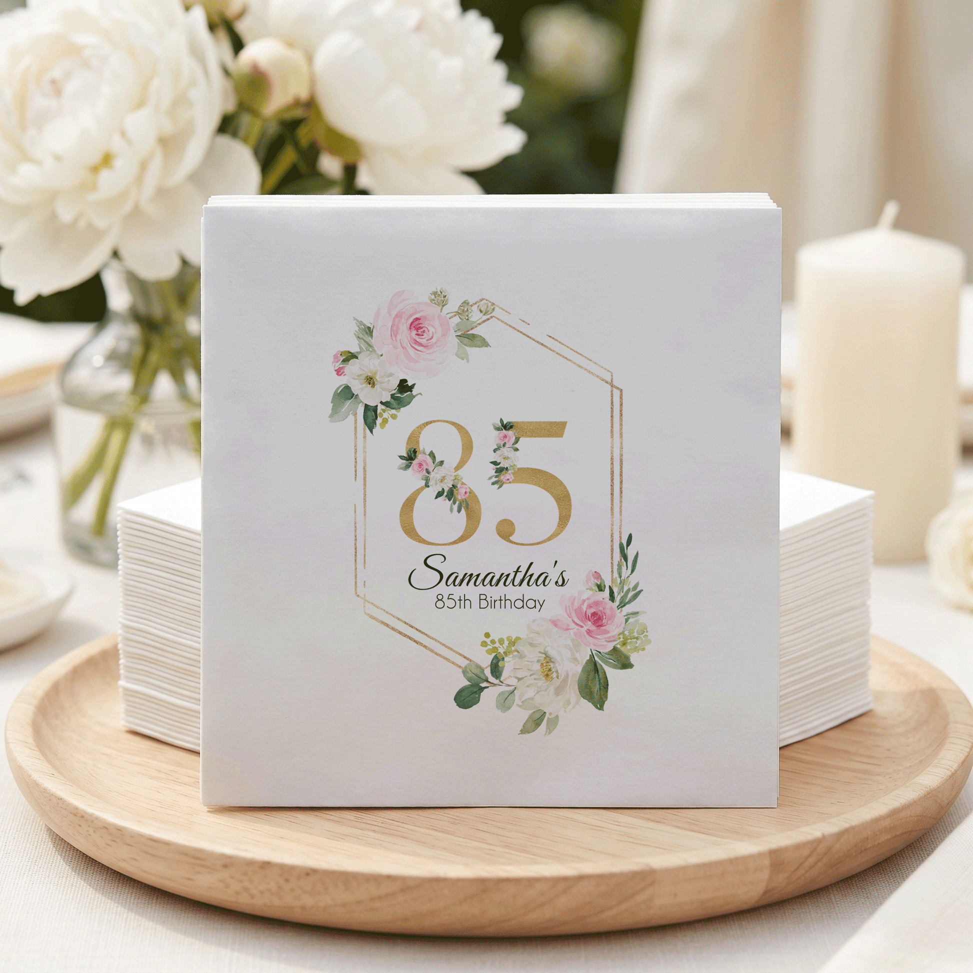 Napkins with "85" and "Samantha's 85th Birthday" in floral design.
