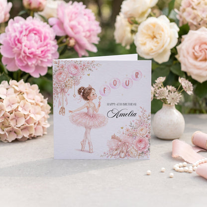 4th Birthday Ballerina Party Card, Personalized Girl - Pretty Gifted