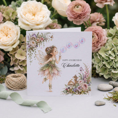 4th Birthday Enchanted Fairy Card, Personalized Girl - Pretty Gifted