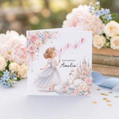 4th Birthday Swan Princess Card, Personalized Girl - Pretty Gifted