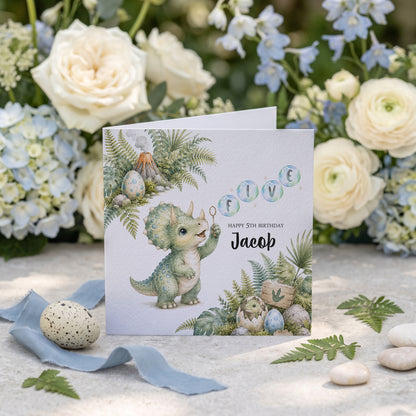 Personalized triceratops fifth birthday card with FIVE bubble lettering and custom child’s name