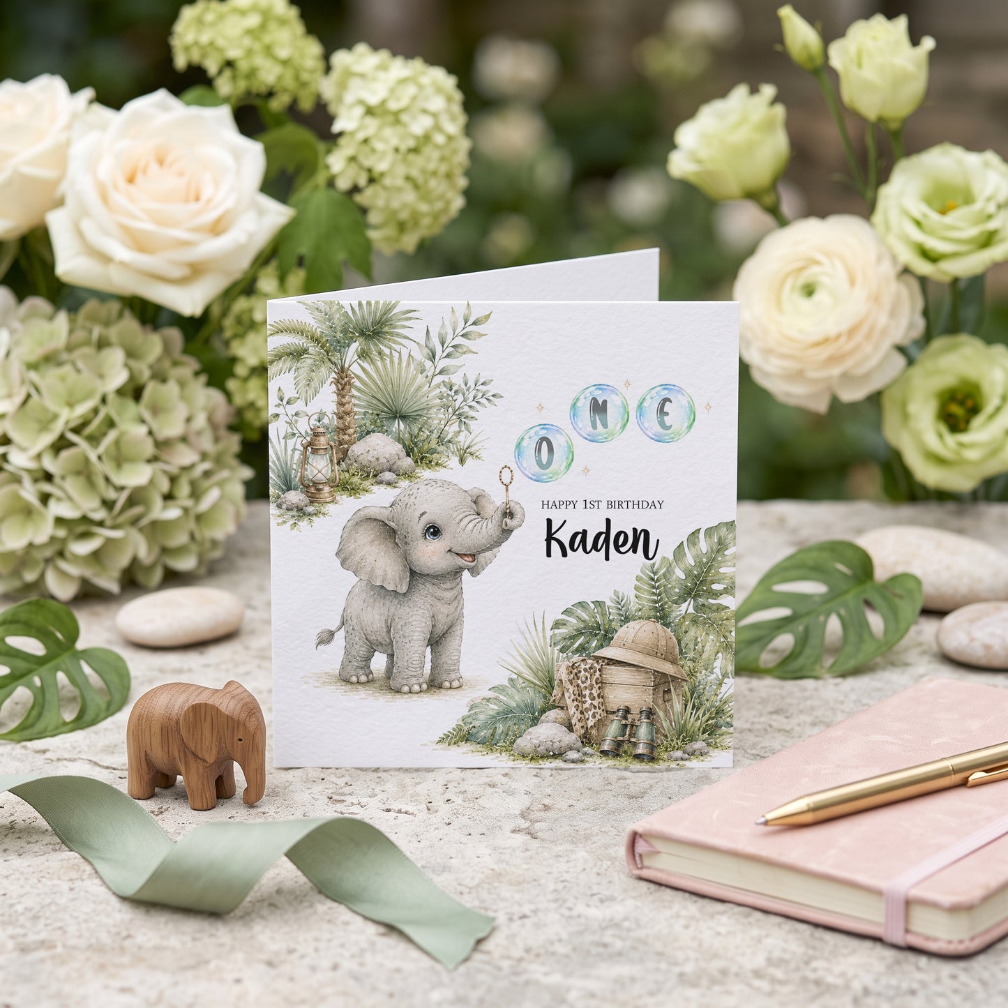 Personalized safari 1st birthday card with baby elephant and ONE bubble lettering