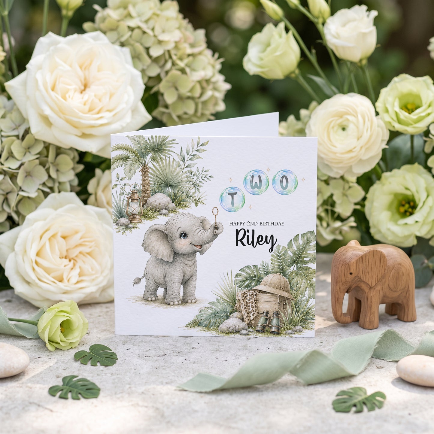 Personalized safari second birthday card with baby elephant, TWO bubble lettering and custom name