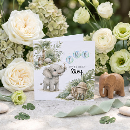 Personalized safari second birthday card with baby elephant, TWO bubble lettering and custom name