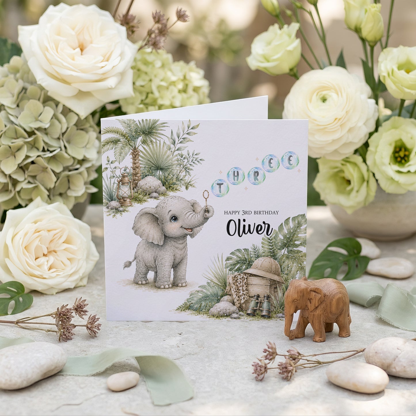 Personalized safari 3rd birthday card with baby elephant and THREE bubble lettering