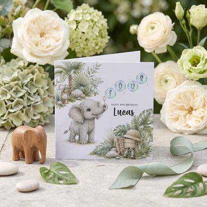 Personalized safari fourth birthday card with baby elephant, FOUR bubble lettering and custom name