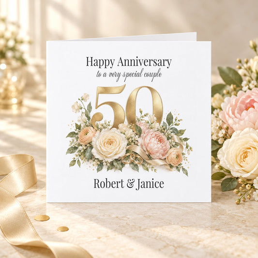 50th Anniversary Card, Personalized Blush and Gold Florals - Pretty Gifted