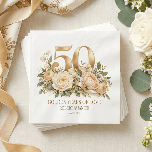 50th Anniversary Napkins, Personalized Golden Years of Love - Pretty Gifted