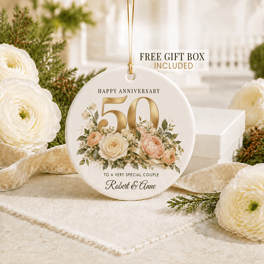 50th Anniversary Ornament with Personalized Floral Art - Pretty Gifted