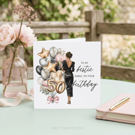 50th Birthday Card for Best Friend, Champagne Glam, Personalized - Pretty Gifted