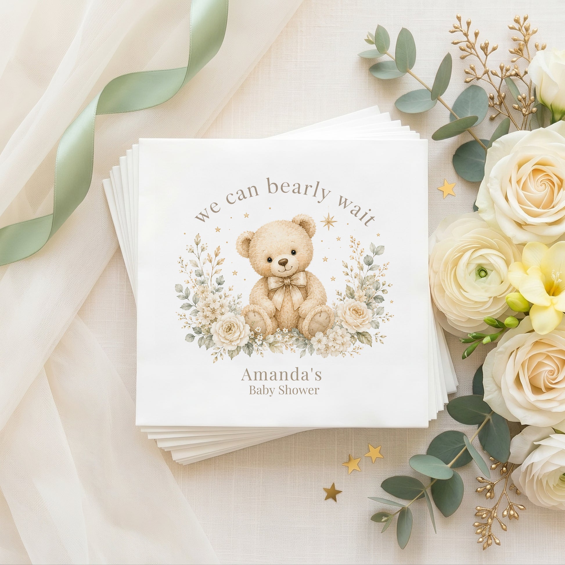 Personalized neutral teddy bear baby shower napkins with ivory florals, gold stars and We Can Bearly Wait wording