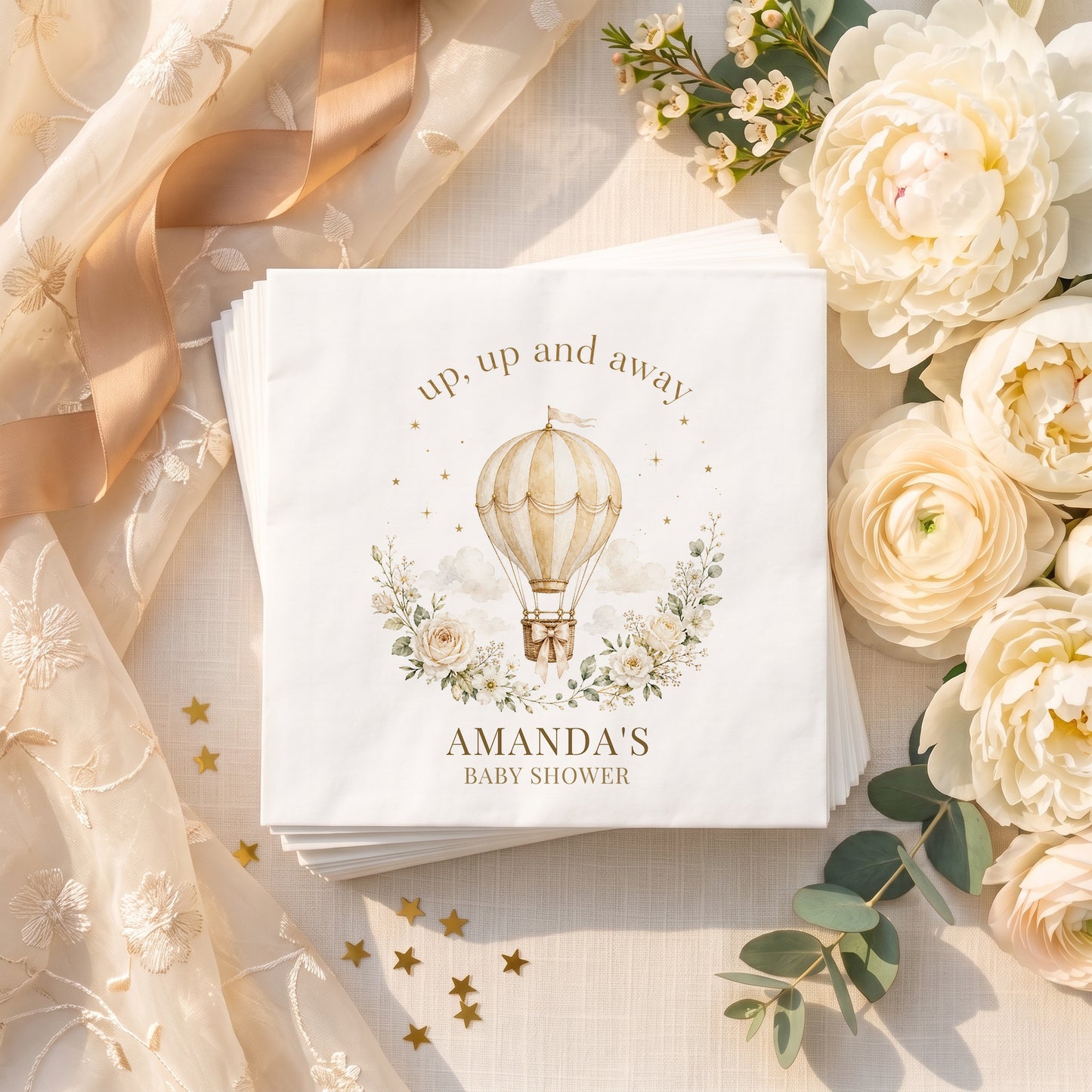 Cream and gold hot air balloon baby shower napkin with ivory roses, gold stars and a personalized name