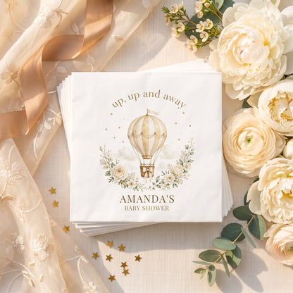 Cream and gold hot air balloon baby shower napkin with ivory roses, gold stars and a personalized name